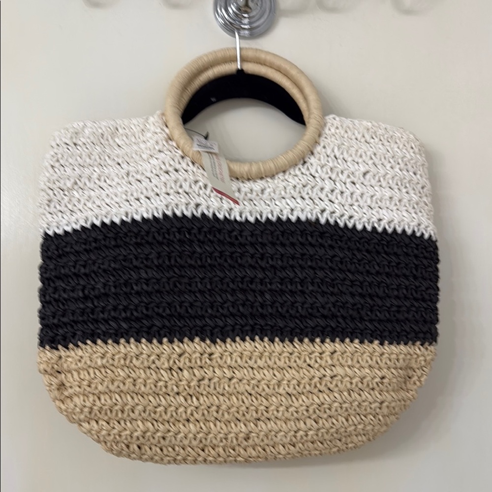 Talbots Black and Tan Woven Tote Bag with Circular Handles